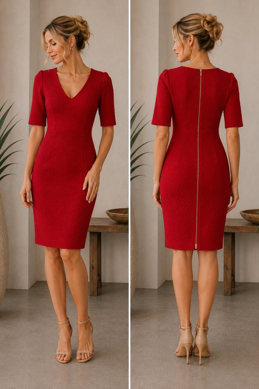 Bebe Red Textured Sheath Dress V Neck Gold Back Zip Knee Length Size Small